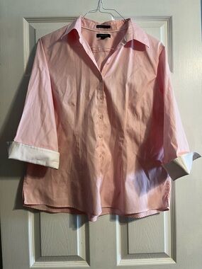 Lands' End No Iron Pinpoint Oxford Shirt Pink 3/4 Sleeve White Cuffs Size 18